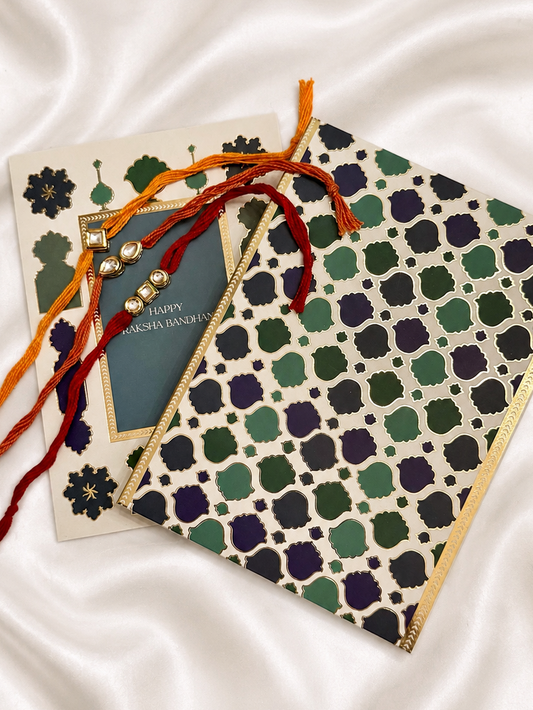 Square Kundan Rakhi Set of 3 with Greeting Card & Box.