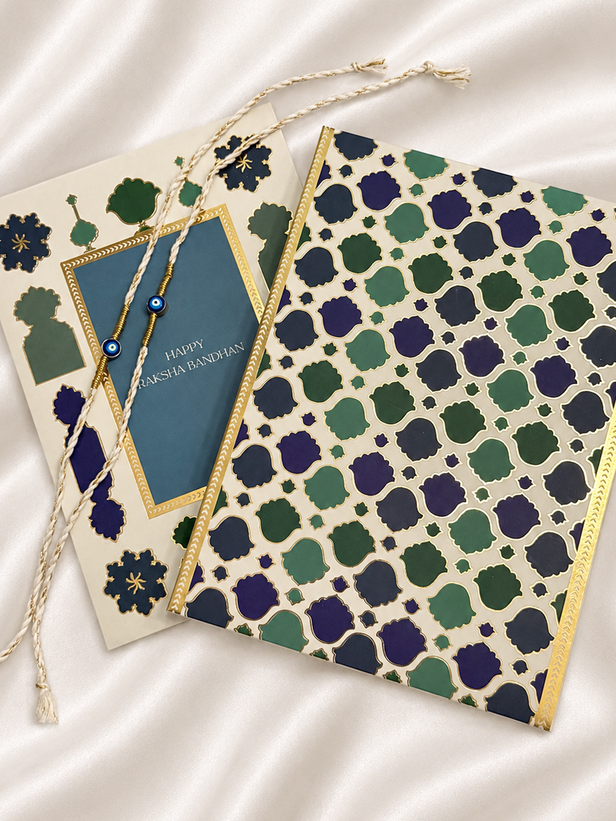 Raksha Bandhan greeting card with a box and two evil eye rakhis