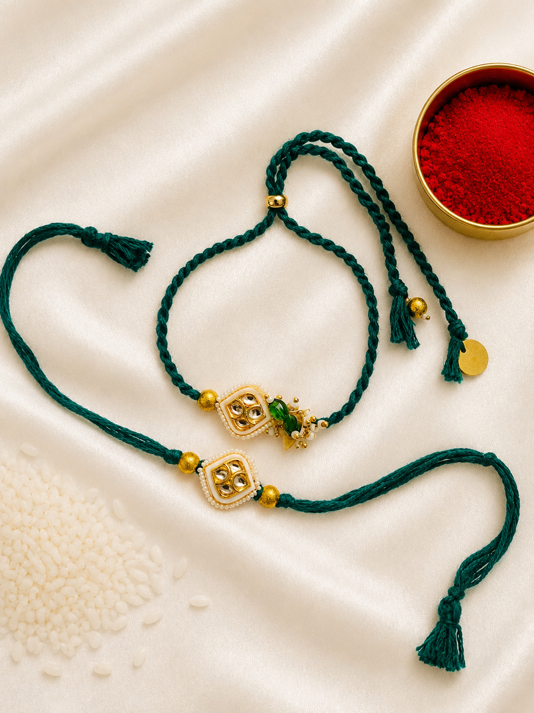 Royal Green Bhai Bhabhi Kundan Rakhi Set