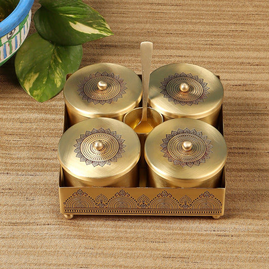 Dohar Brass Condiment Jars with Tray, Spoon Holder & Spoon – Antique Finish