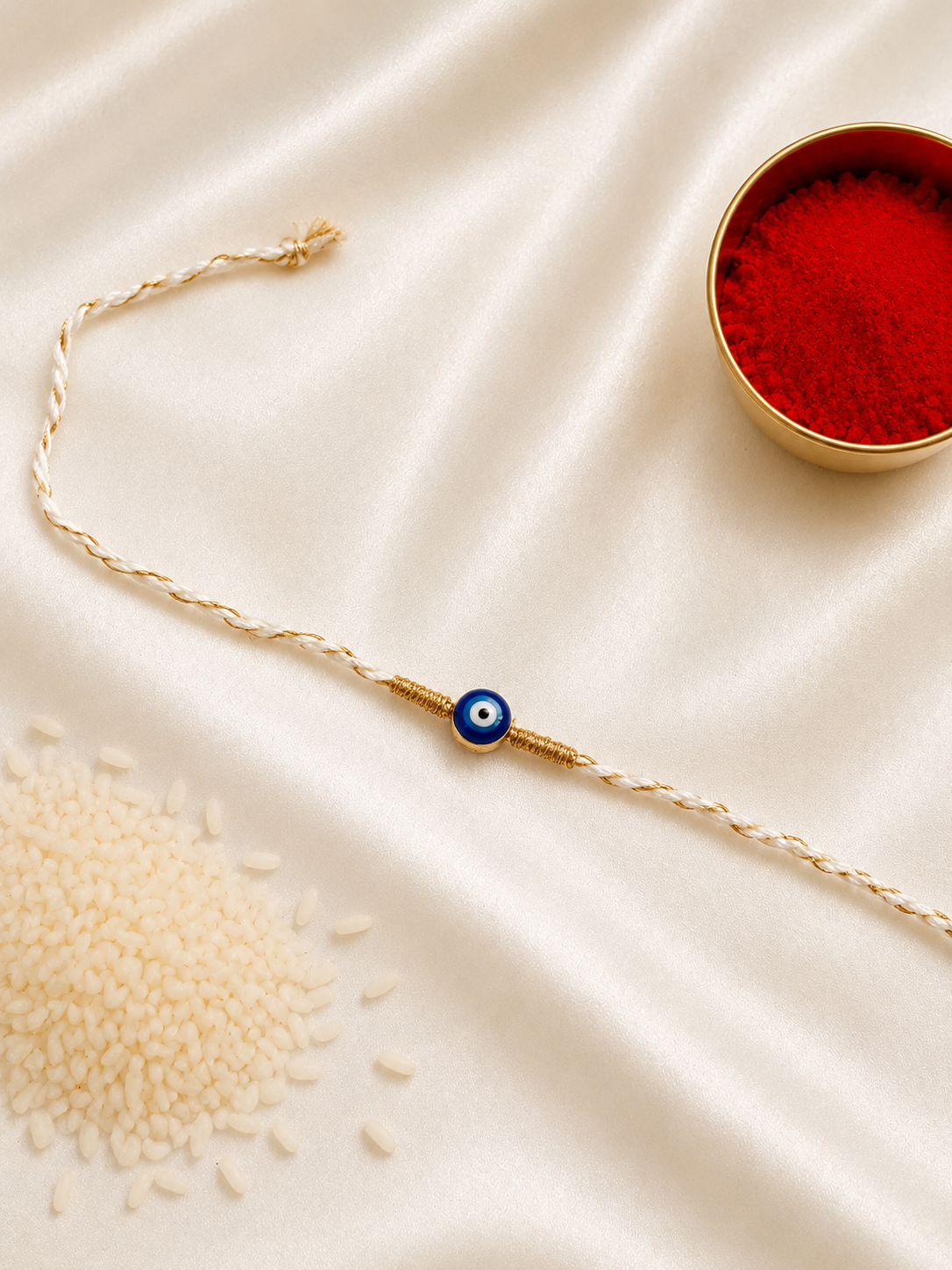 Blue evil eye Rakhi on a white braided thread with gold accents, displayed on a silk background with kumkum and rice.