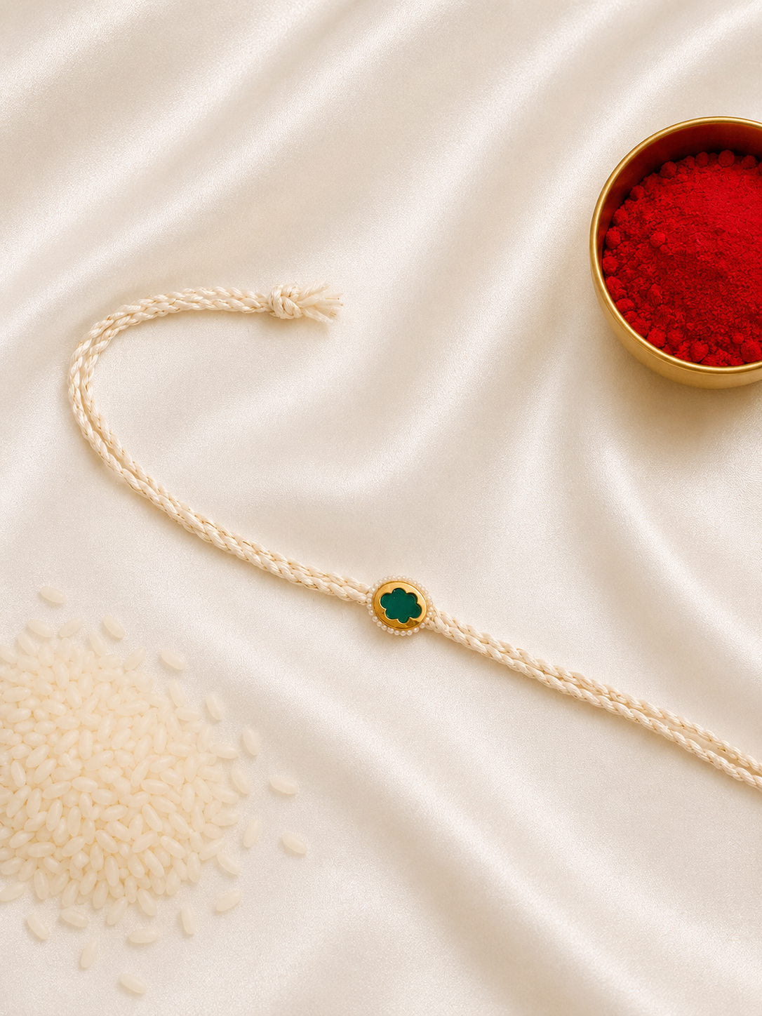 Green clover Rakhi with pearl detailing on an ivory braided thread, displayed on a silk background with kumkum and rice.