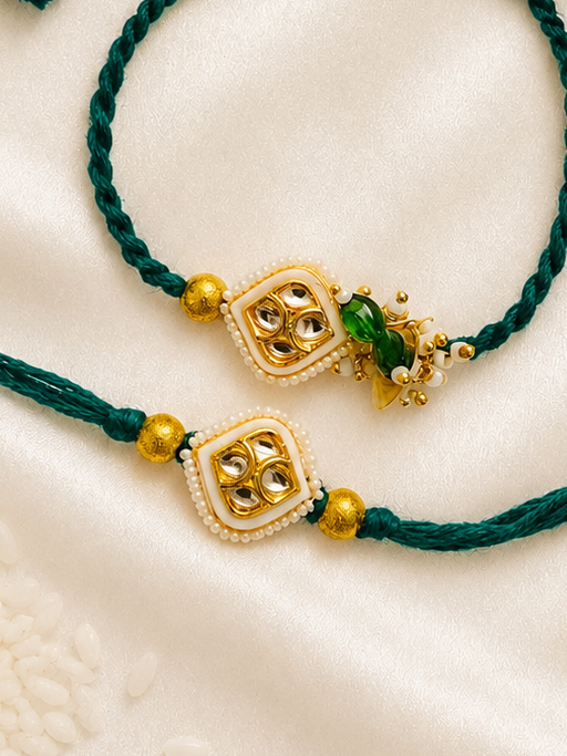 Emerald green Kundan rakhi set for bhai and bhabhi with pearl and gold bead detailing