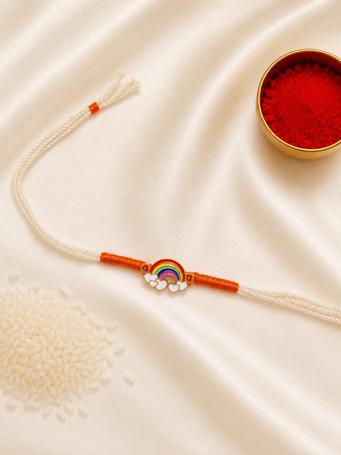 Kids Rainbow Rakhi with colorful rainbow and cloud enamel charm on a white thread with orange accents on a silk background.