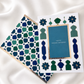 Premium Raksha Bandhan greeting card with blue and green foil accents and coordinating white gift box, designed to hold a greeting card and rakhi for elegant gifting.