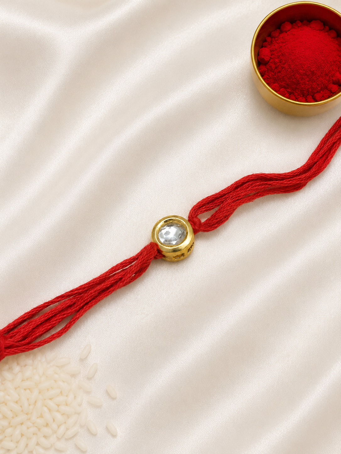 Single Round Kundan Rakhi with a bezel-set round stone on a red thread, displayed on a silk background with kumkum and rice.